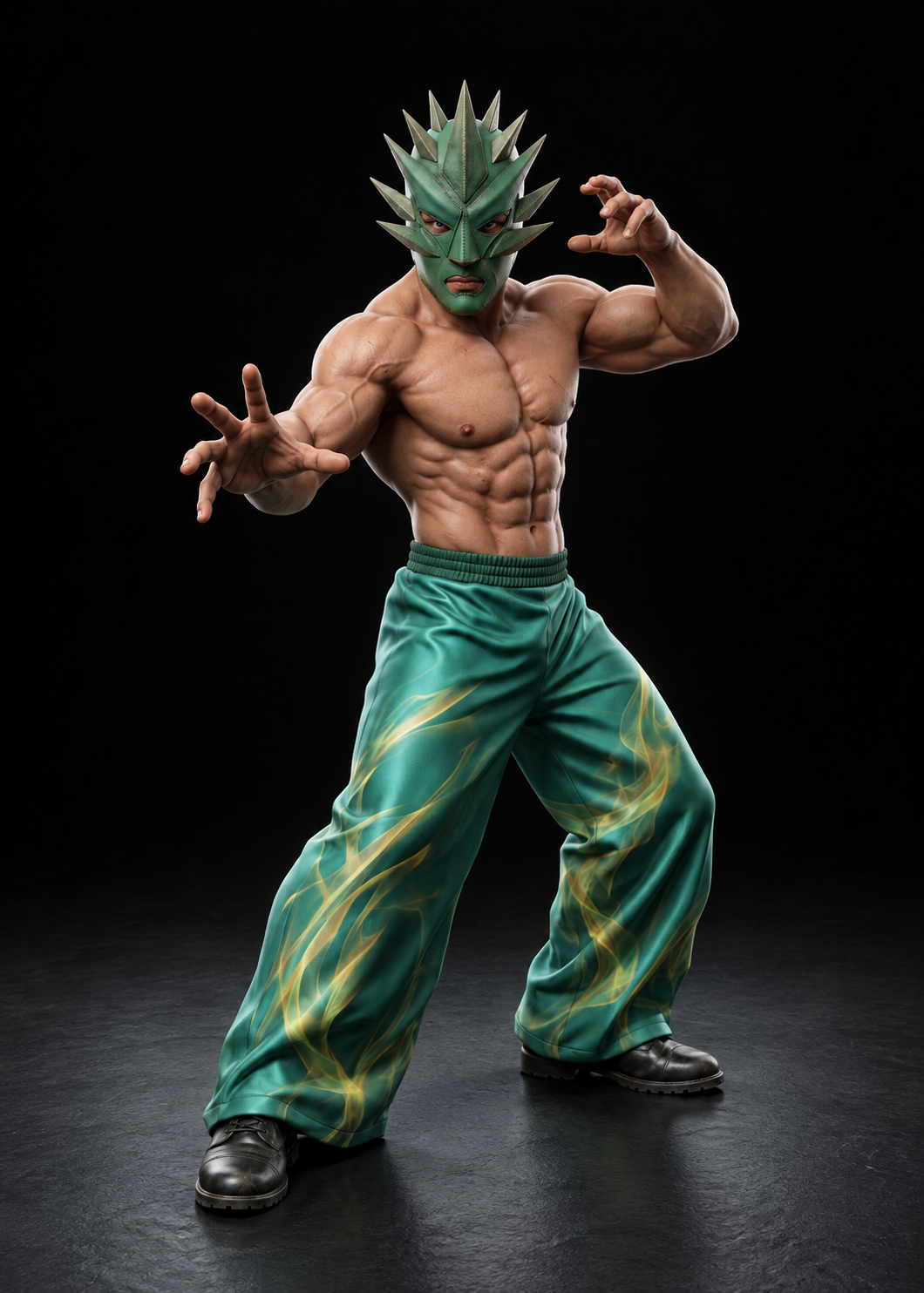 JADE realistic wrestling character concept on a dark studio floor
