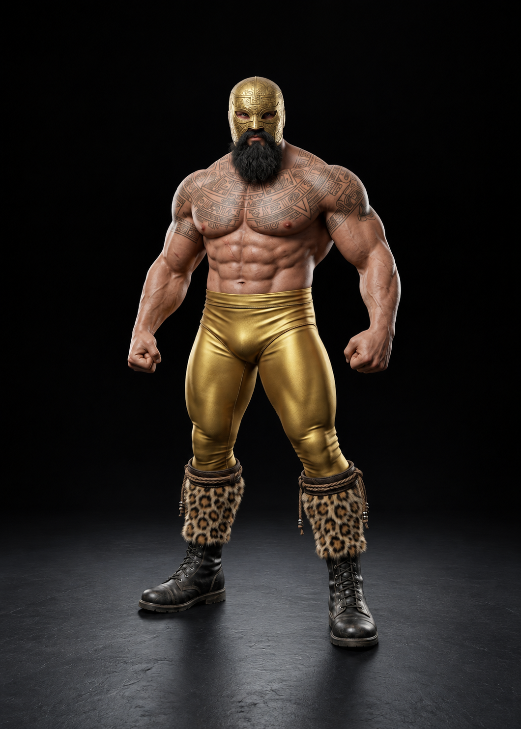 ORO realistic wrestling character concept on a dark studio floor