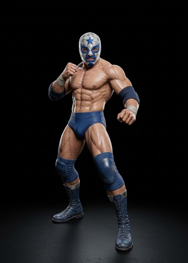 PLATA realistic wrestling character concept on a dark studio floor